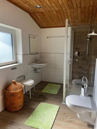 uma casa de banho com um chuveiro, um lavatório e um WC. em Ferienhaus Hochkönigblick em Leogang