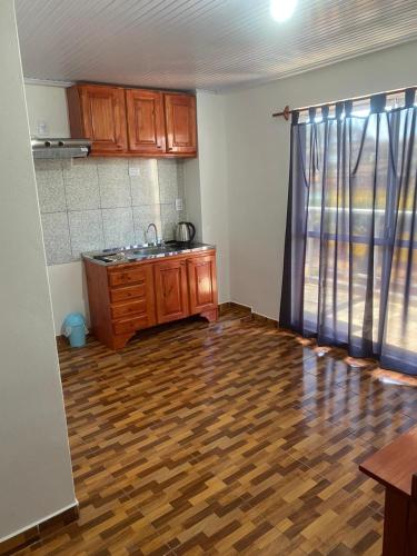 een keuken met een harde houten vloer en een wastafel bij Ekm Deptos in Apóstoles