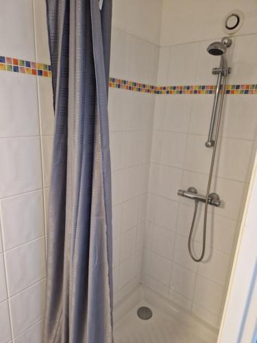 y baño con ducha con cortina azul. en Chambre, en Sulniac