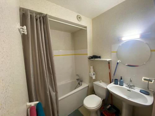 uma casa de banho com um lavatório, um WC e um espelho. em Studio Le Mont Beas em Aulus-les-Bains