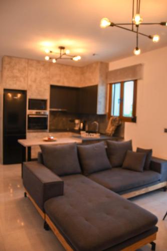a living room with a couch and a kitchen at Athor Ireon Apartment 1 in Ireon