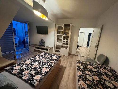 a bedroom with a bed and a room with a tv at Elias 1 und 3 in Erfurt