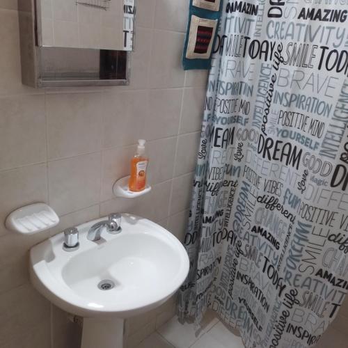 een badkamer met een wastafel en een douchegordijn bij Casa de Julia in Cordoba