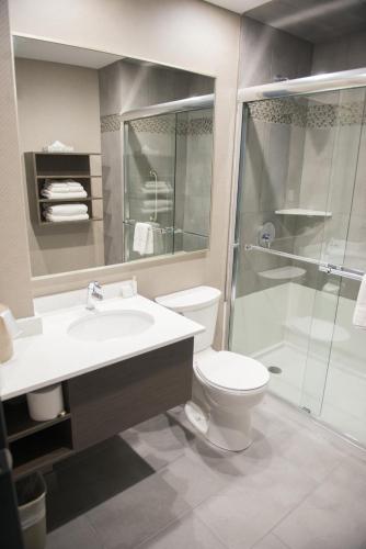 a bathroom with a toilet and a sink and a shower at Stonecroft Inn in Windsor