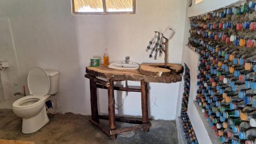 La salle de bains est pourvue d'un lavabo et de toilettes. dans l'établissement Chemka Paradise Eco Lodge, à Boma la Ngombe