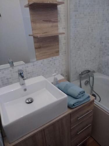 une salle de bain avec un lavabo blanc et une baignoire dans l'établissement DESTELLE APPART proche gare, à Saint-Brieuc