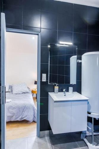 une salle de bain avec un lavabo, un lit et un miroir dans l'établissement Appartement moderne en plein coeur de Béziers, à Béziers
