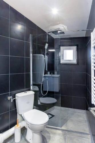 une salle de bain avec des toilettes blanches et une douche dans l'établissement Appartement moderne en plein coeur de Béziers, à Béziers