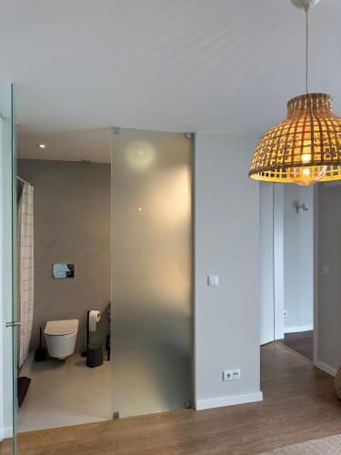 a bathroom with a toilet and a pendant light at Casa Sousa - 3rd generation (Apart.2) in Boticas