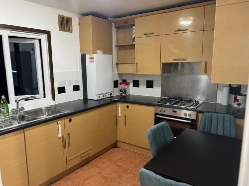 a kitchen with a sink and a stove top oven at Cosy 2 bedroom flat in London
