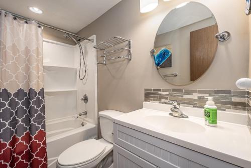 a bathroom with a sink and a toilet and a mirror at Cub House in McHenry
