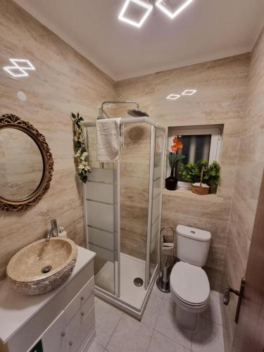 a bathroom with a shower and a toilet and a sink at Casa Sol e Mar 