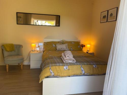 a bedroom with a bed with a mirror and a chair at Private Entry Double bedroom with beautiful views! in Solihull