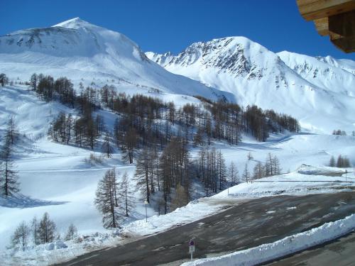 une montagne enneigée avec des arbres et une route dans l'établissement Appartement 2 pièces 30 m2 dans résidence de tourisme à LA FOUX D'ALLOS, à La Foux