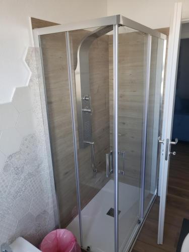 a shower with a glass door in a bathroom at Paule mare in La Caletta