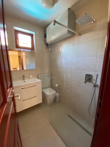 a bathroom with a shower and a toilet and a sink at Siófoki Beach Apartman in Siófok