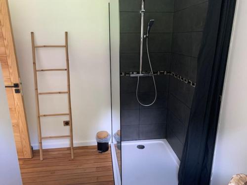 a shower with a glass door in a bathroom at Villa La source & SPA in Pont-de-Labeaume
