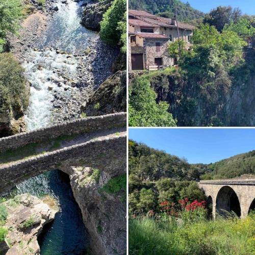 a series of four pictures of a river and a bridge at Villa La source & SPA in Pont-de-Labeaume