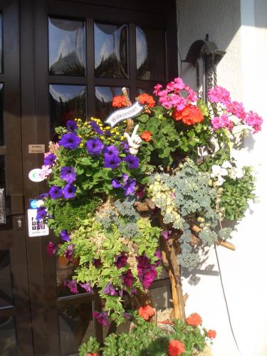 a bunch of flowers in front of a building at Hotel zur Post in Klingenthal