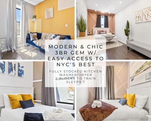 a collage of photos of a living room and a bedroom at SWJ 5th - Perfect for Tourism: Near Train, Times Sq, Dining in New York