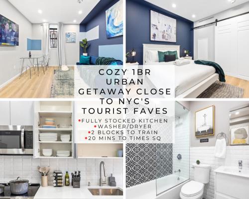 a collage of photos of a bathroom with a sink and a toilet at SWJ G - Save on 2Day or more Stays 25min to Times Sq in New York