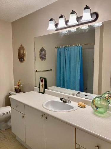 a bathroom with a sink and a mirror at Red Robe B&B in Nanaimo