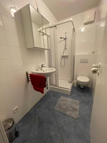 a bathroom with a shower and a sink and a toilet at Haus Burgman Bad Gastein - appartement met 4 slaapkamers in Bad Gastein
