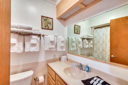 een badkamer met een wastafel en een spiegel bij Spacious Lake Hartwell Home with Private Boat Dock! in Anderson