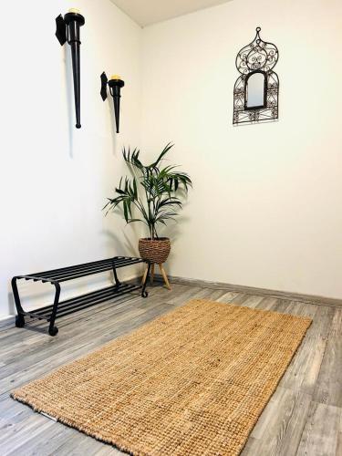 una habitación con una alfombra, un banco y una planta en דרך עצי הזית - through the olive tree en Neve Ilan