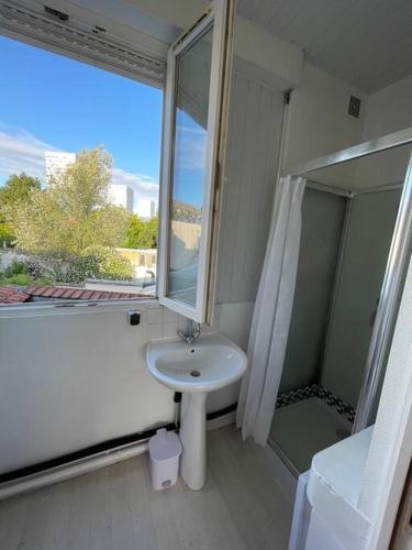 La salle de bains est pourvue d'un lavabo, d'une douche et d'une fenêtre. dans l'établissement Appartement calme et lumineux - parking privatif - Métro à 5mn, à Mons-en-Baroeul