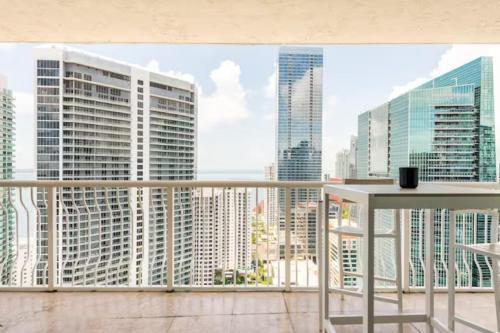 a balcony with a view of a city skyline at Brickell Center w/City & Bay View + FREE Parking! in Miami