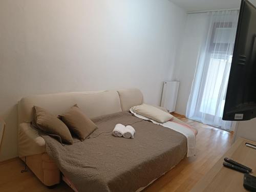 - un salon avec un canapé et une télévision dans l'établissement Apartma MOST, à Kanal