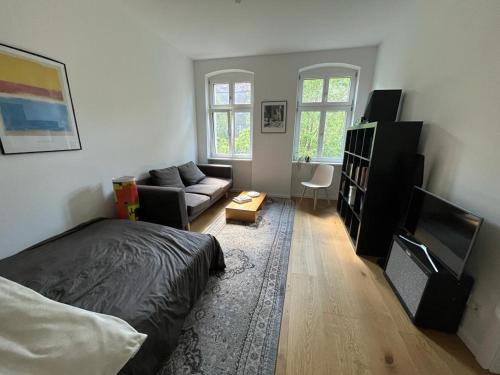 een woonkamer met een bed en een bank bij Room in the center of Berlin in Berlijn