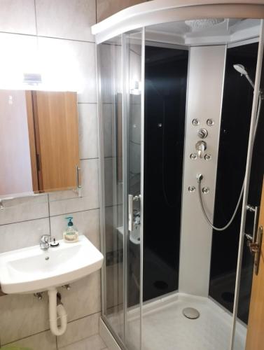 a bathroom with a shower and a sink at Hotel Zemlinski in Payerbach