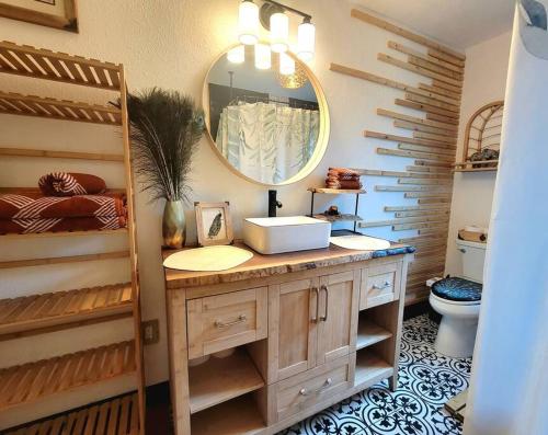 a bathroom with a sink and a mirror at Cozy AF Jungle-House Hideaway in Tampa