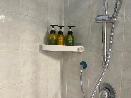 a shelf with four bottles of soap on the wall of a bathroom at Mediterraneo Apartment in Ercolano