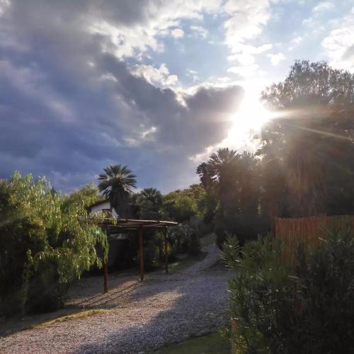 a sun shining over a gravel road with trees at Palmares al cerro in Capilla del Monte