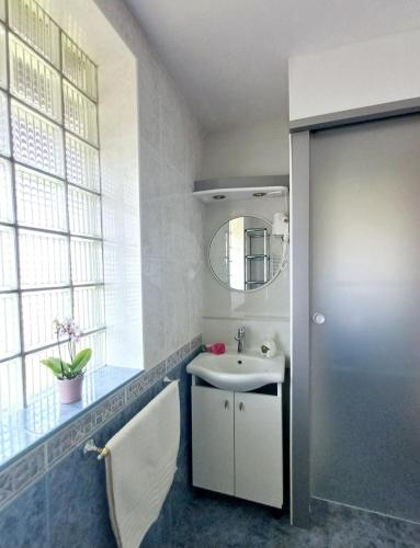 a bathroom with a sink and a mirror at Apartma AJDA in Velenje