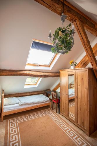 a bedroom with a vaulted ceiling with a skylight at Chateau de la Grange in Saint-Émiland
