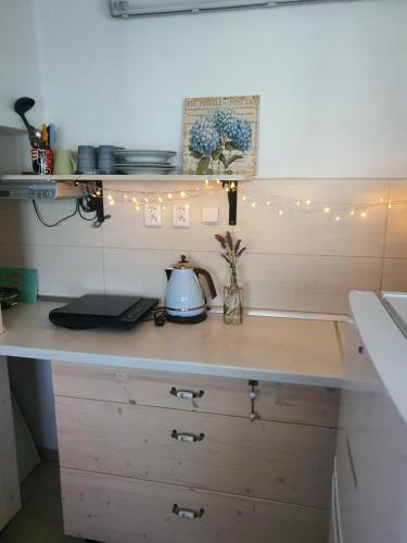 a kitchen with a counter with lights on it at Penzión Eva in Stará Voda