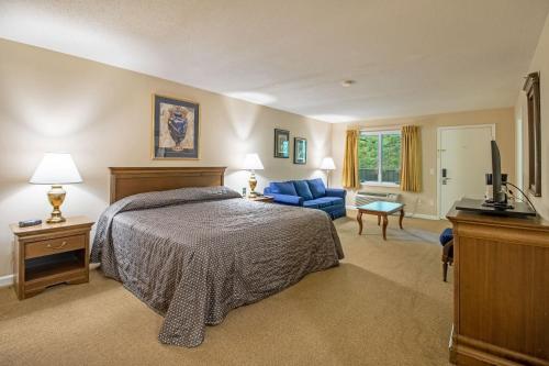 een slaapkamer met een bed en een tv en een bank bij Massanuttens Shenandoah Villas by TripForth in McGaheysville
