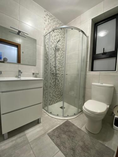 a bathroom with a shower and a toilet and a sink at F1 2 St Julians, Private room, bathroom & living shared in St Julian's