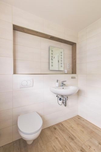a bathroom with a toilet and a sink at Gästehaus Ehrhardt in Merseburg