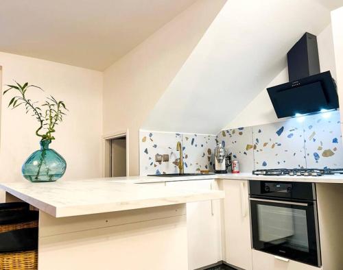 a kitchen with a counter with a vase on it at Cozy Residence Sv. Duh in Zagreb