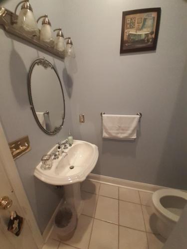 a bathroom with a sink and a mirror and a toilet at Cozy Turret Room at Nottingham Place in Wise with Plush Queen Bed, Private Detached Full Bath in Wise