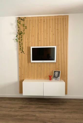 un salon avec une télévision sur un mur dans l'établissement Studio Via Romana Vaison La Romaine, à Vaison-la-Romaine