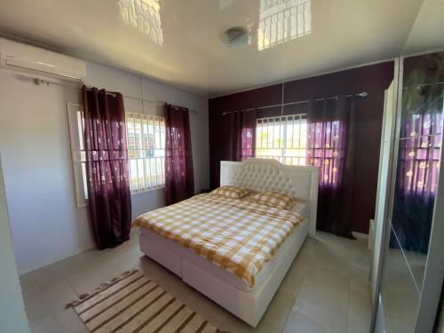 een slaapkamer met een bed in een kamer met ramen bij Joy place in Landsboerderij