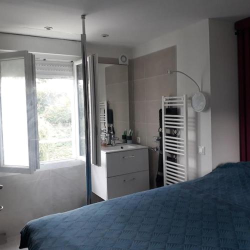 1 dormitorio con cama, lavabo y ventana en Maison de charme au bord de l'eau, en Villennes-sur-Seine