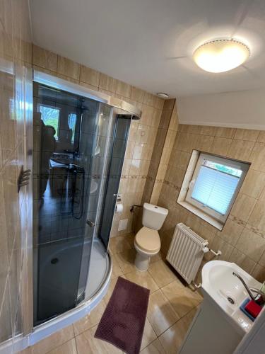 a bathroom with a shower and a toilet and a sink at Pokoje gościnne U Sylwii in Jarosławiec