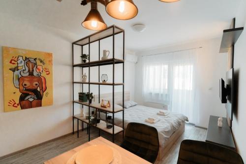 1 dormitorio con cama y estante para libros en Apartman Resident, en Sombor